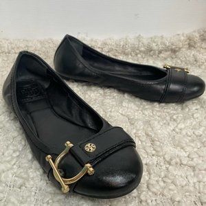 Tory Burch Black Leather with Gold Buckle Detailing Ballet Flats 7.5